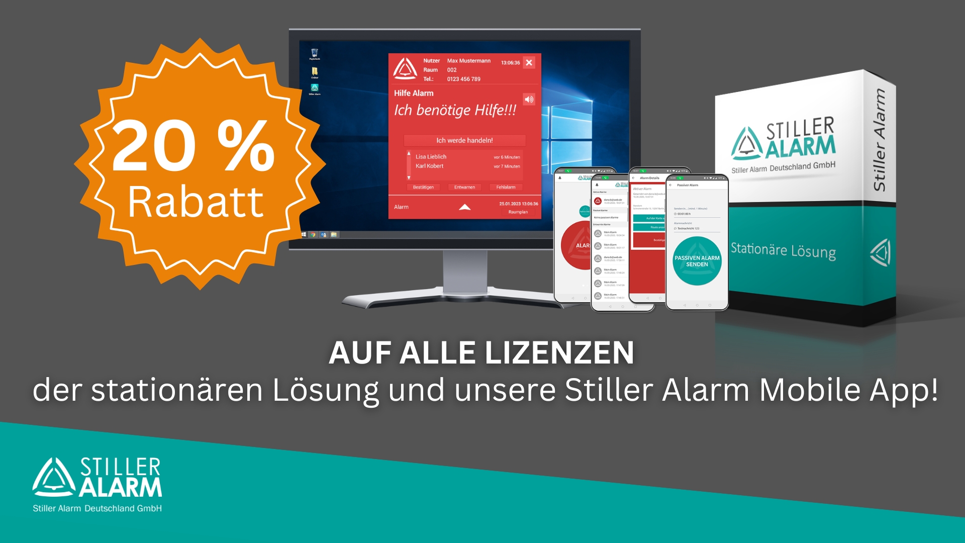 20 % Rabatt auf alle Lizenzen der stationären Lösung und unsere Stiller Alarm Mobile App!